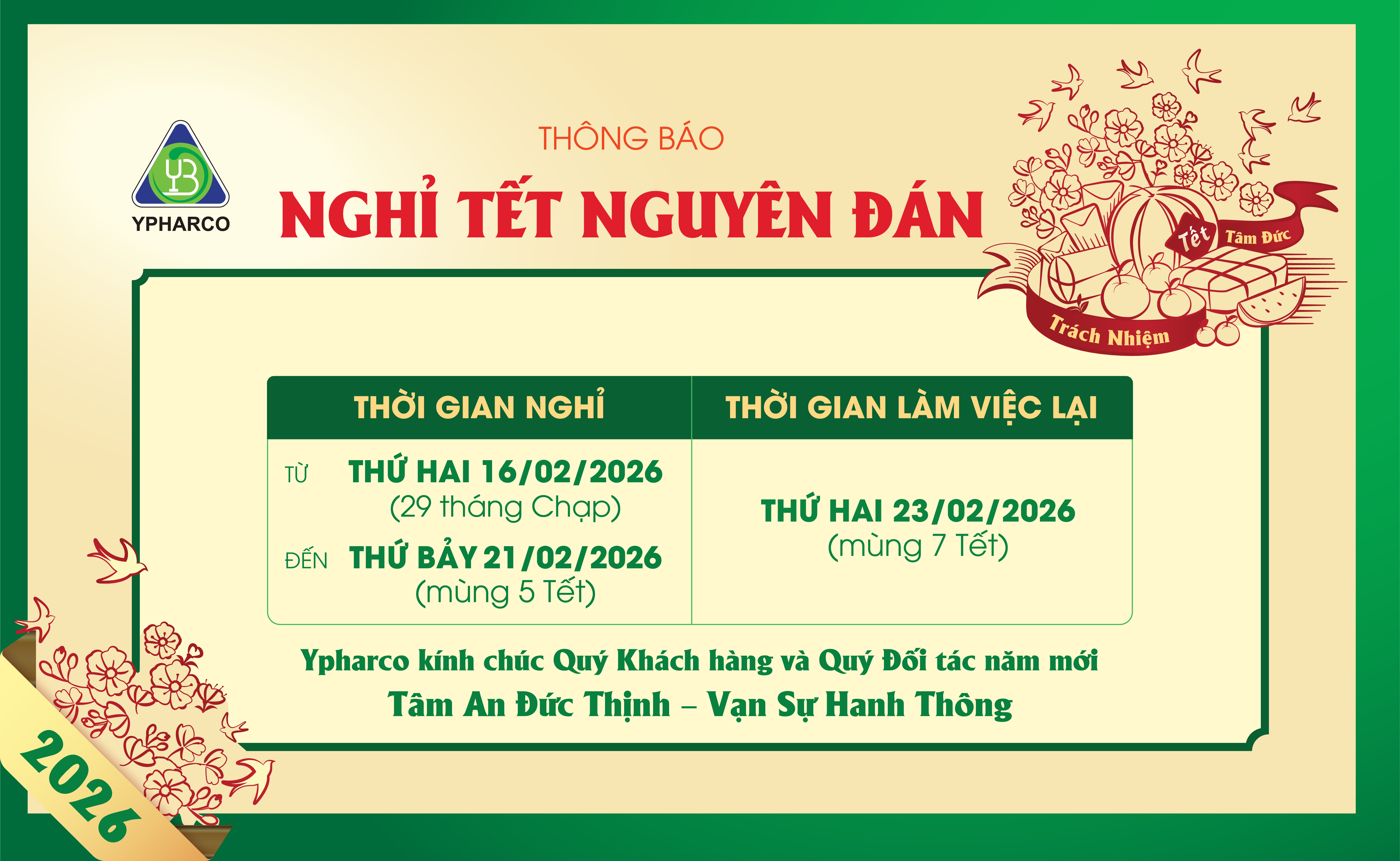 THÔNG BÁO LỊCH NGHỈ TẾT NGUYÊN ĐÁN 2026